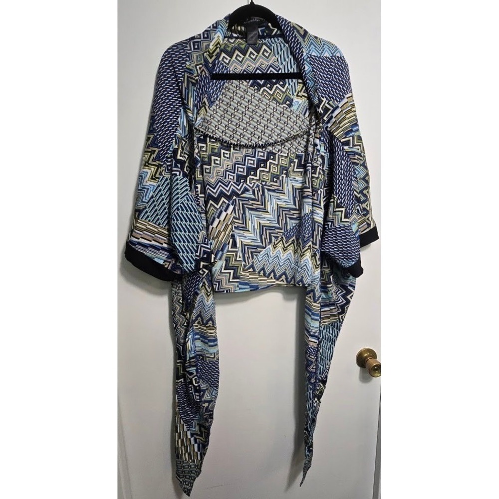 Ashley Stewart Blue Geometric Chevron Dolman Sleeve Tie Front Top 22/24